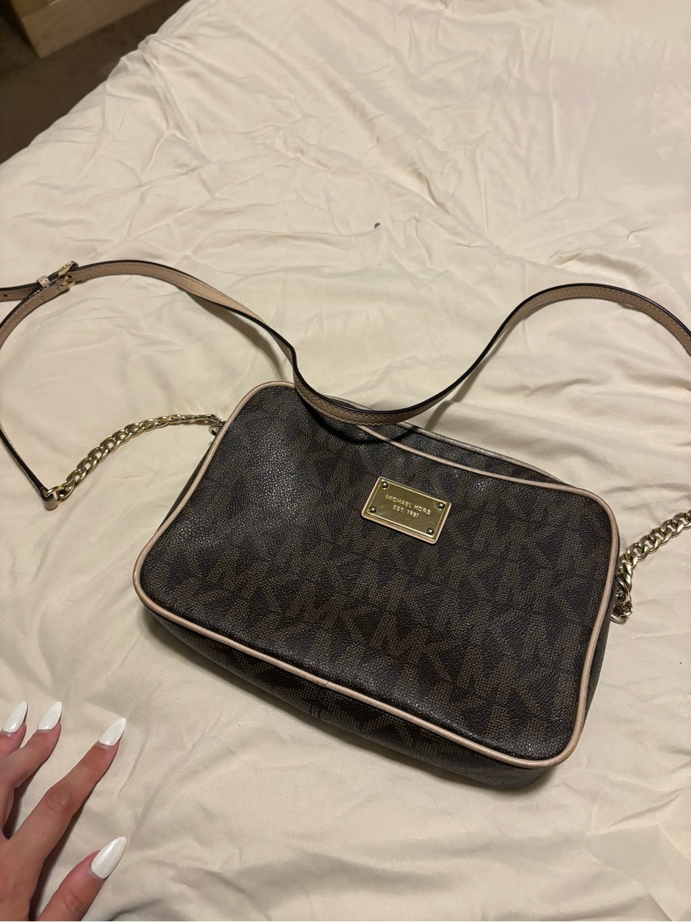 Michael Kors Brown Signature Logo Crossbody Bag with Beige Trim